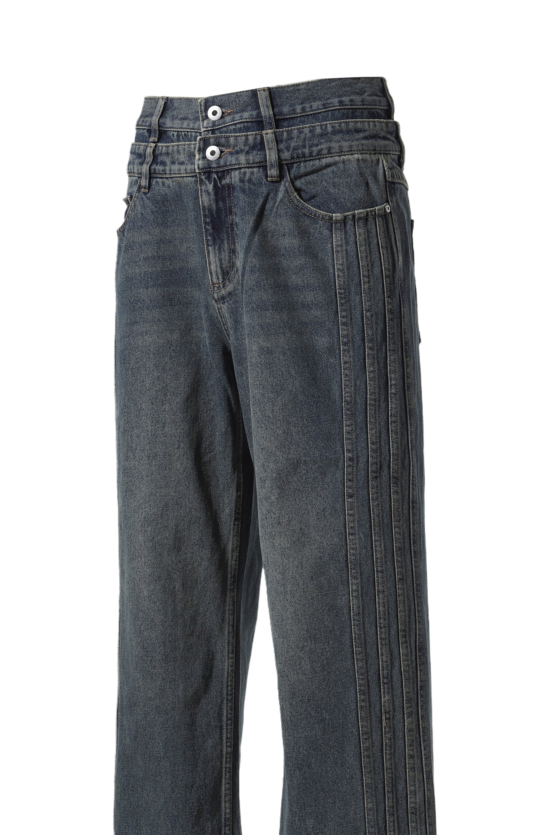 DENIM SEAMING DOUBLE WAIST PANTS / BLU