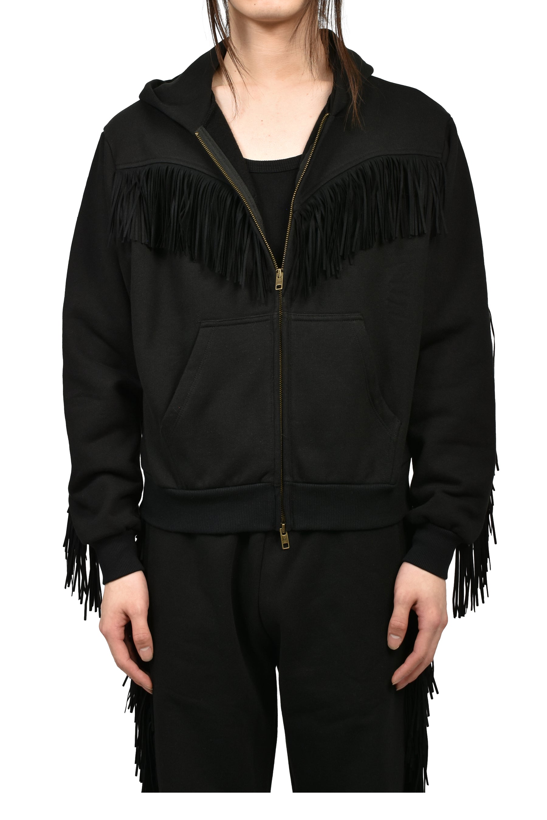 FRINGED FULL-ZIP HOODIE / BLK