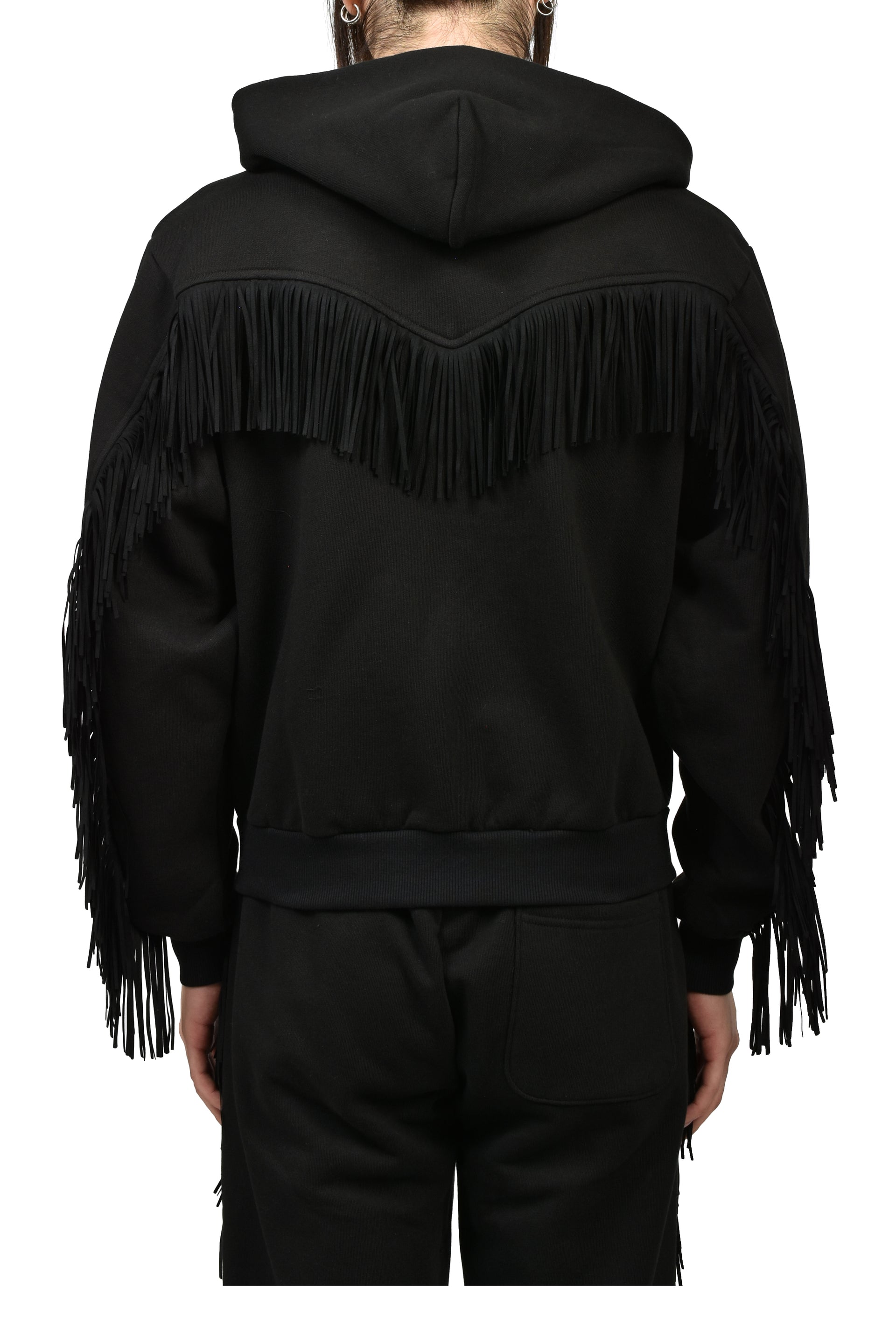 FRINGED FULL-ZIP HOODIE / BLK