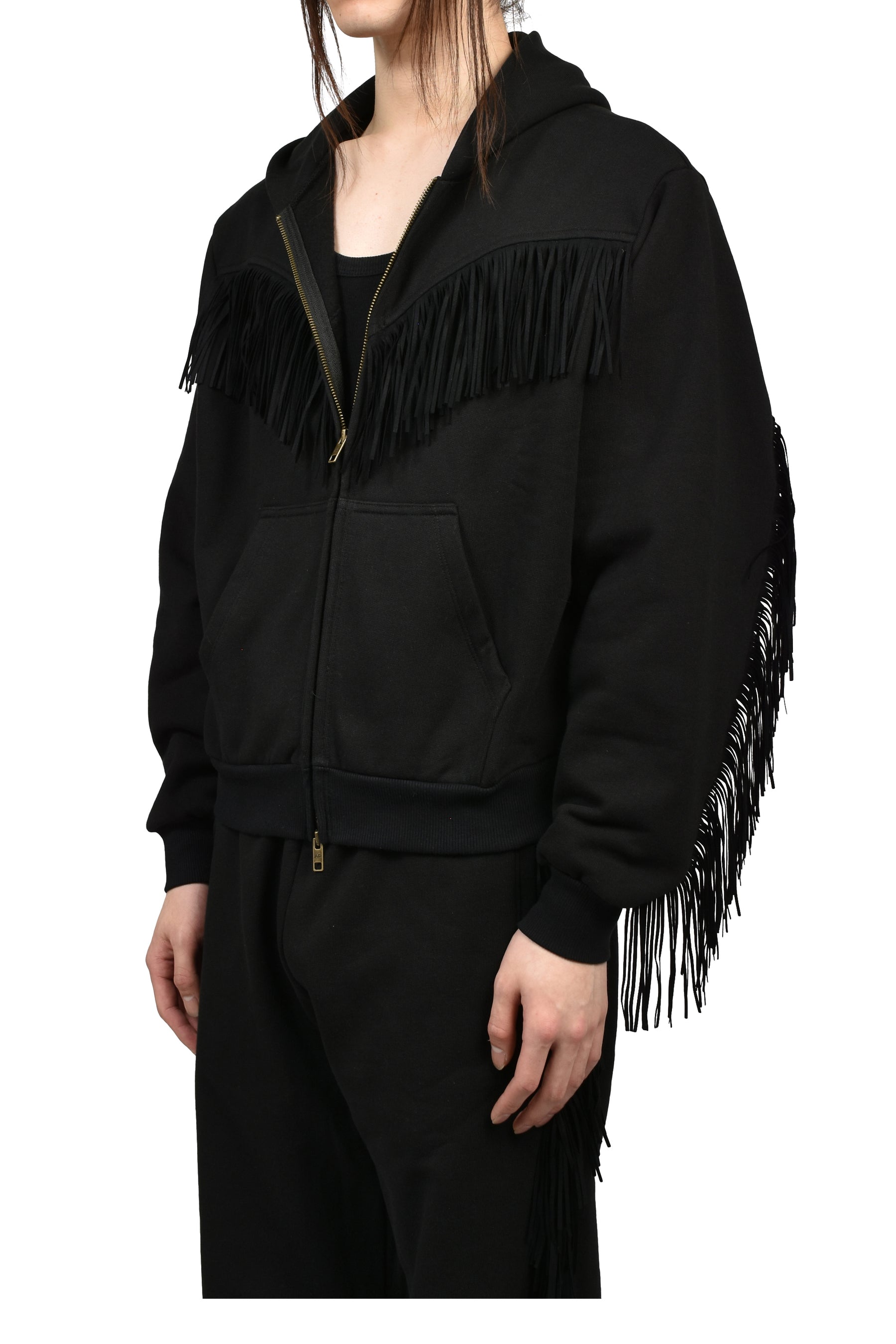 FRINGED FULL-ZIP HOODIE / BLK