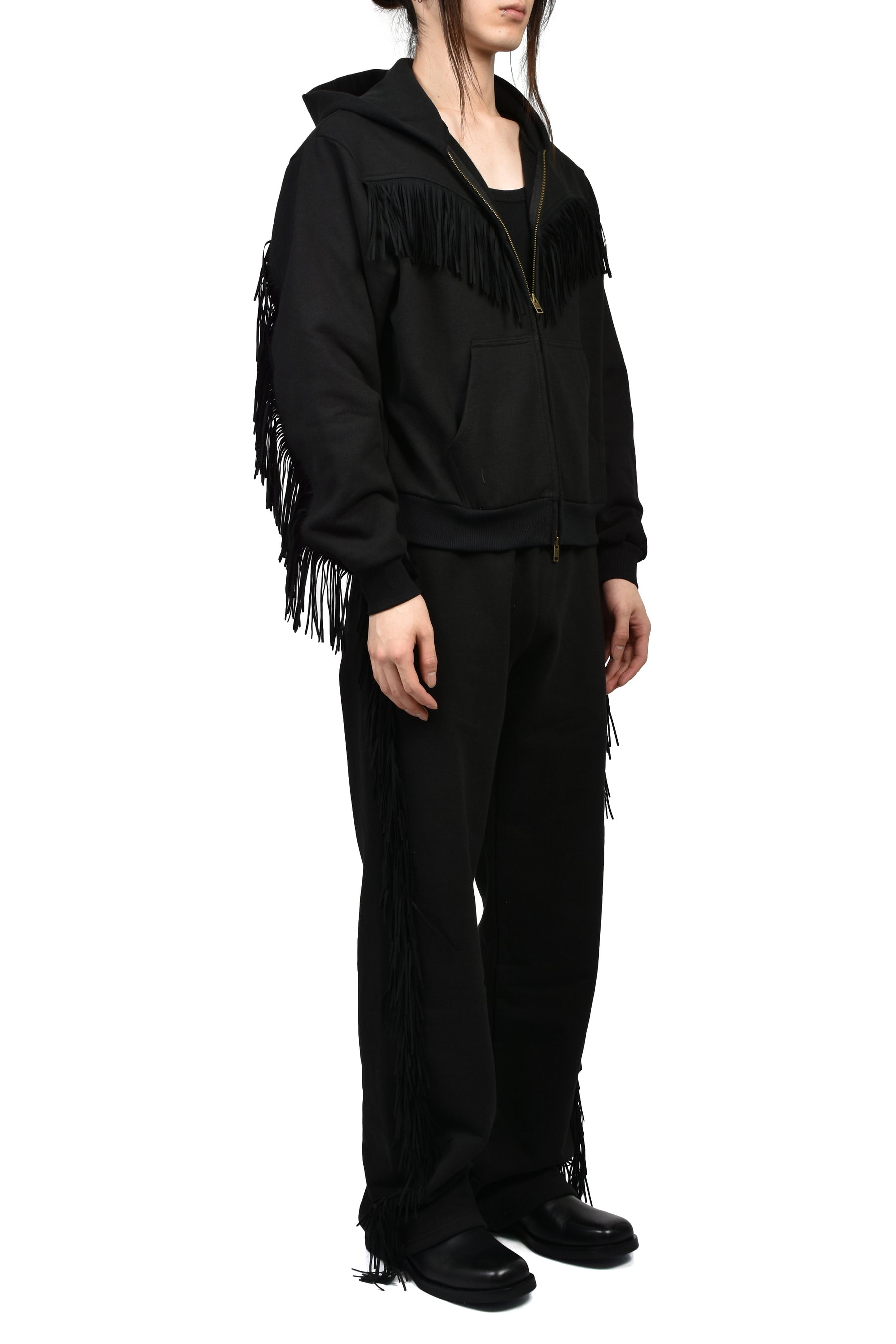 FRINGED FULL-ZIP HOODIE / BLK