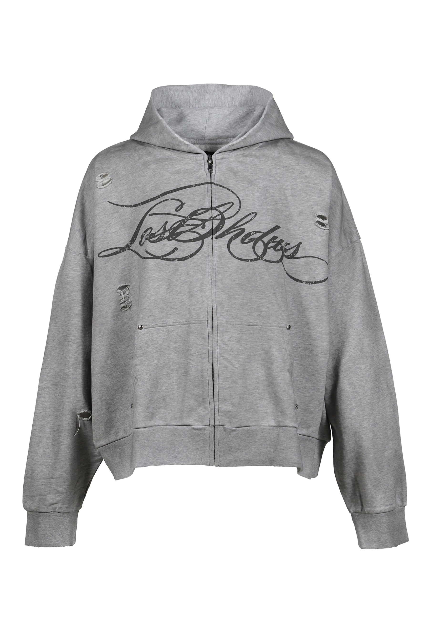 DISTRESSED SCRIPT ZIP-UP HOODIE / GRY
