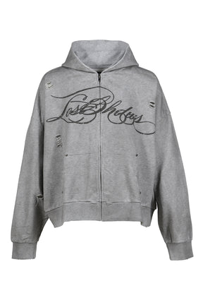 DISTRESSED SCRIPT ZIP-UP HOODIE / GRY