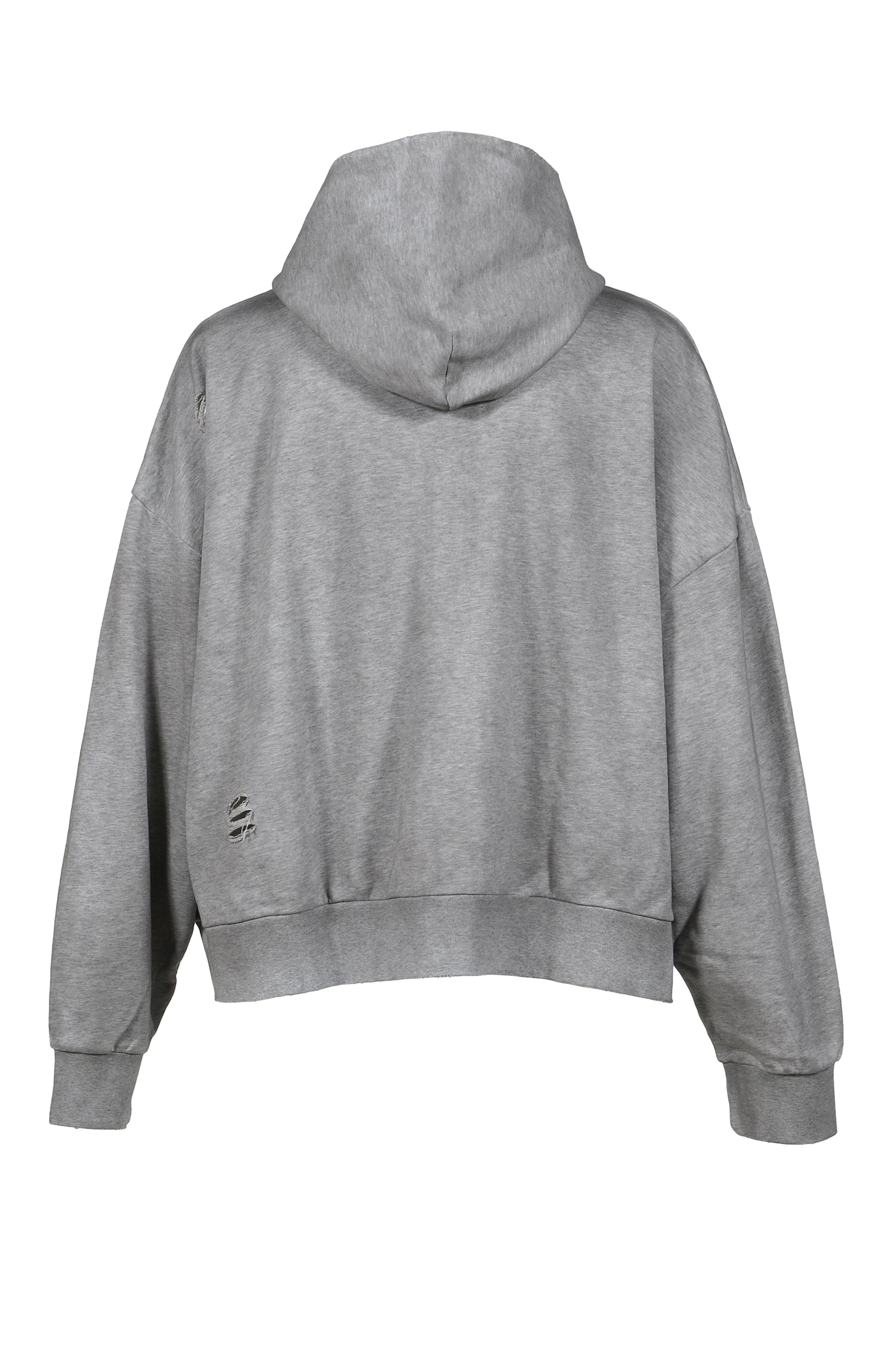 DISTRESSED SCRIPT ZIP-UP HOODIE / GRY