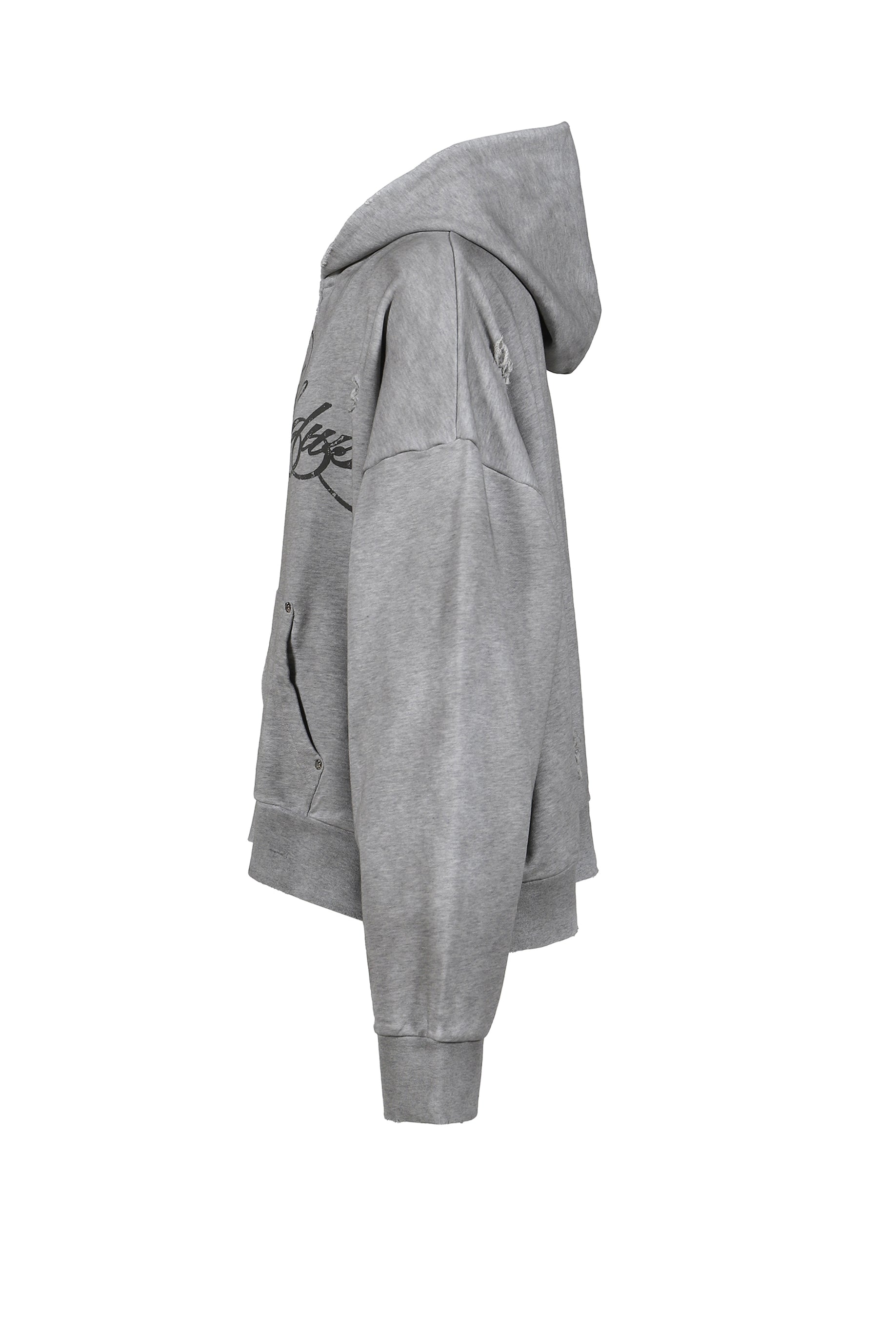 DISTRESSED SCRIPT ZIP-UP HOODIE / GRY