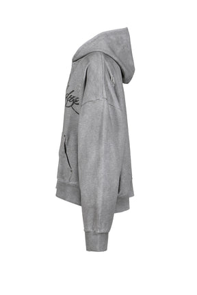 DISTRESSED SCRIPT ZIP-UP HOODIE / GRY