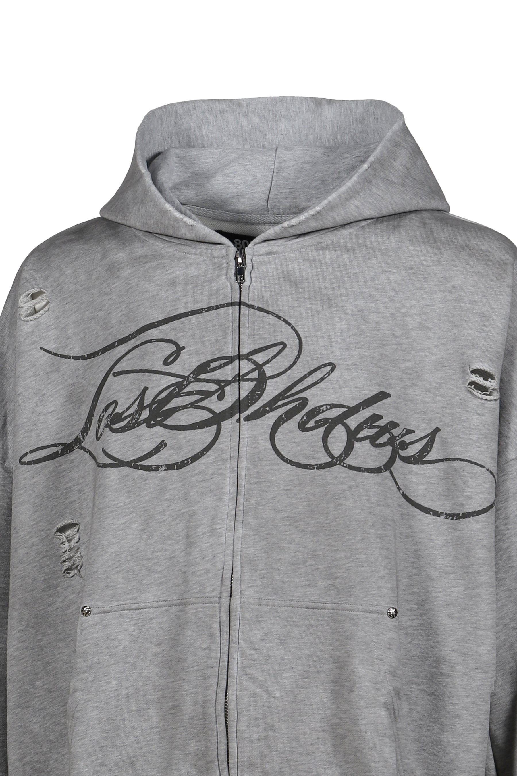 DISTRESSED SCRIPT ZIP-UP HOODIE / GRY