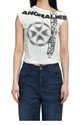 OFF-SHOULDER ASYMMETRIC PRINTED WHITE T-SHIRT / WHT