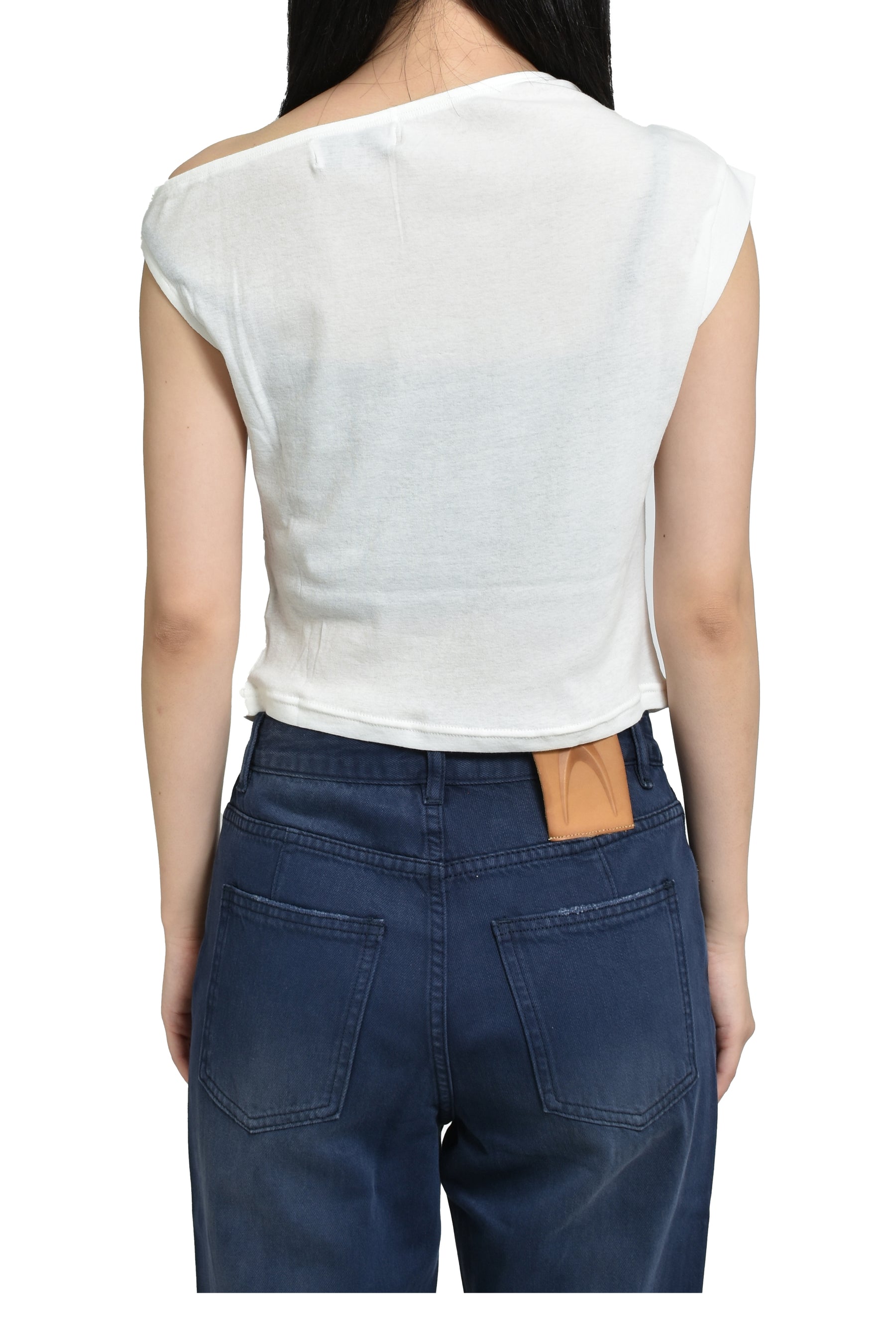 OFF-SHOULDER ASYMMETRIC PRINTED WHITE T-SHIRT / WHT