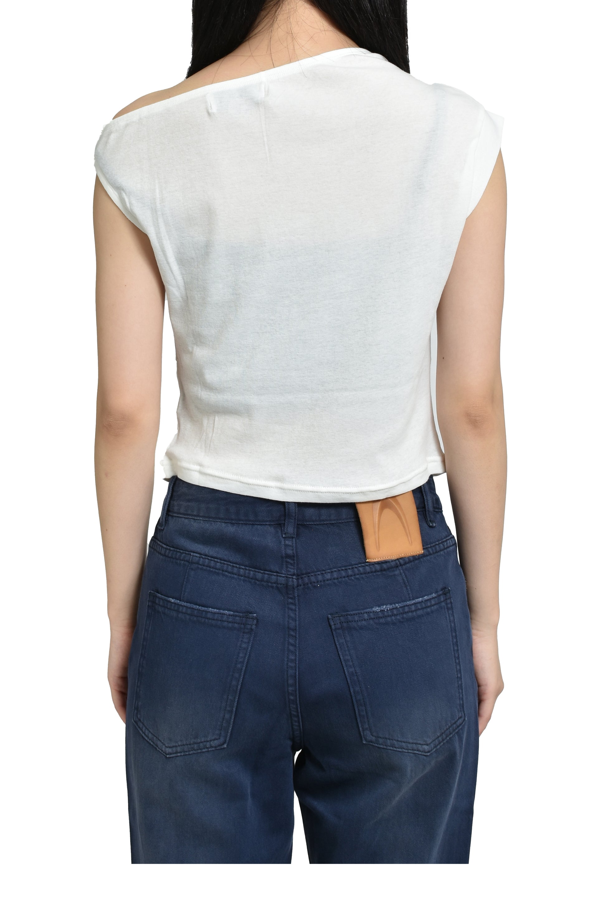 OFF-SHOULDER ASYMMETRIC PRINTED WHITE T-SHIRT / WHT