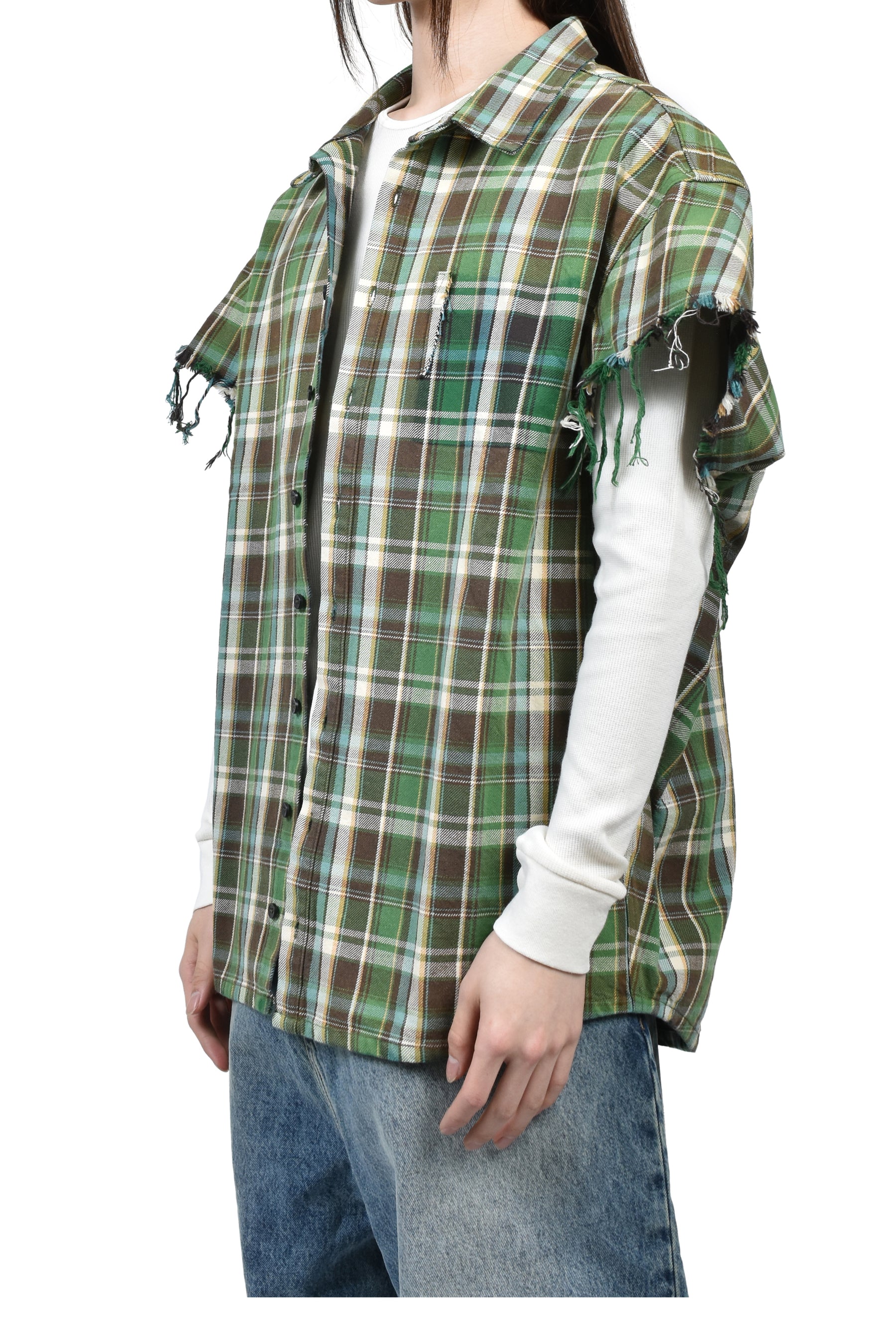 SATOSHI NAKAMOTO BENDER CUT OFF FLANNEL / GRN PLAID