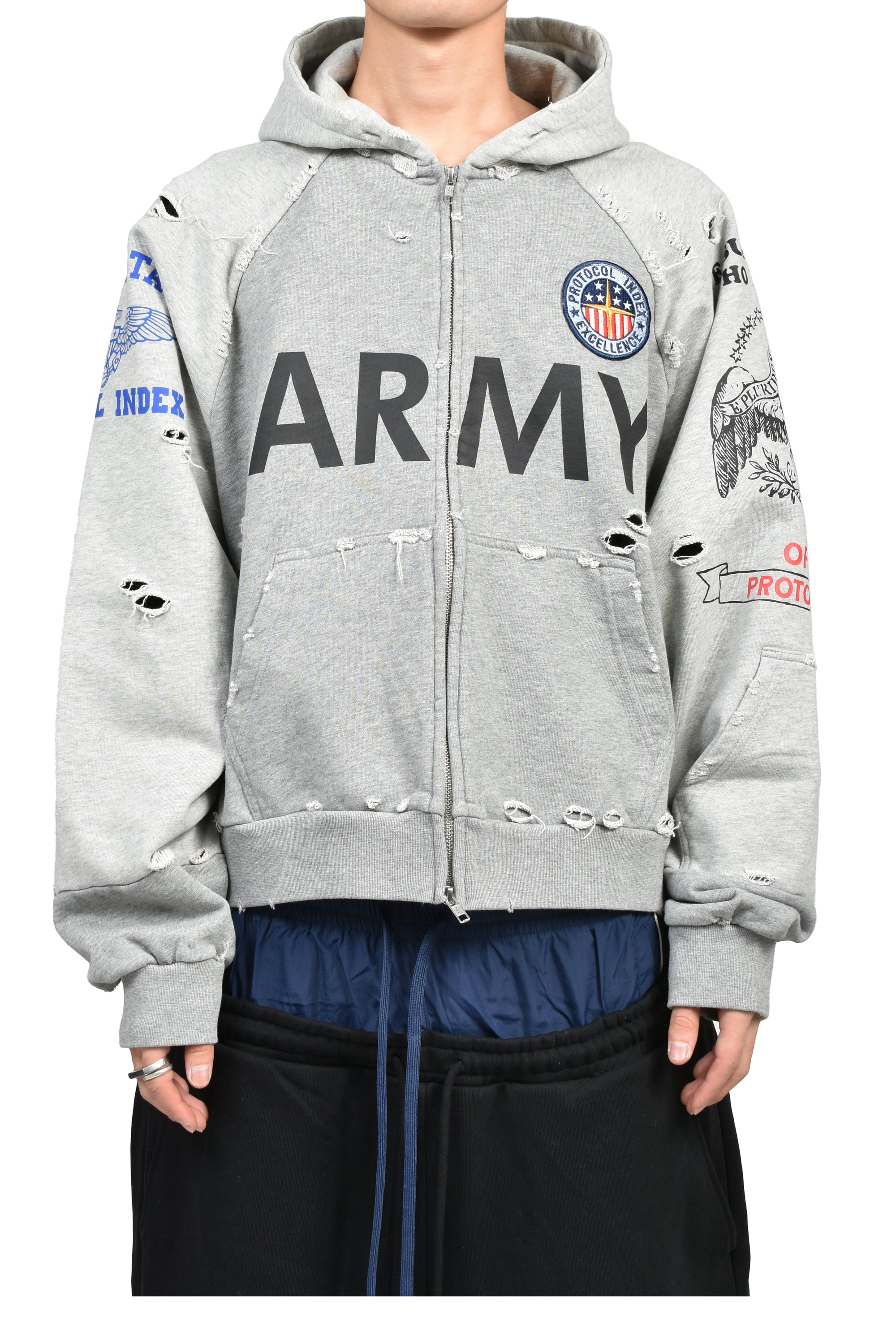 RECONSTRUCTED ZIP HOODIE / MELANGE GRY