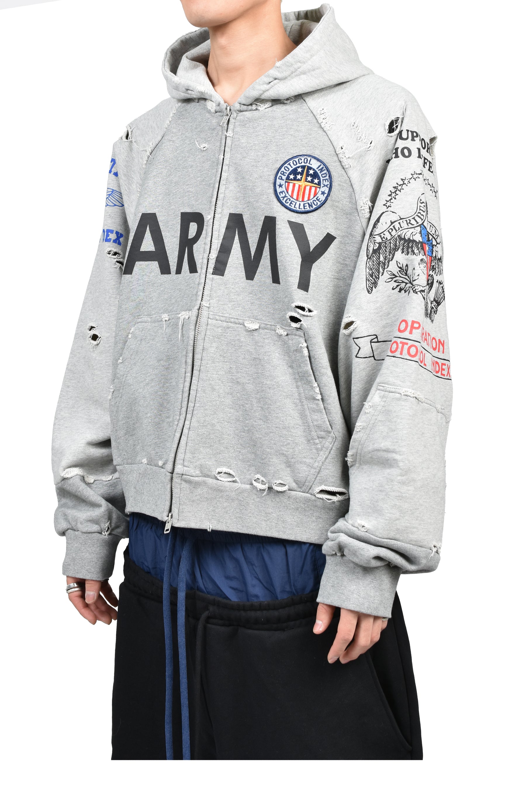 RECONSTRUCTED ZIP HOODIE / MELANGE GRY