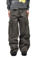 CUT OFF SLASH SEAM TWIST CARGO JEANS / DUST GRY