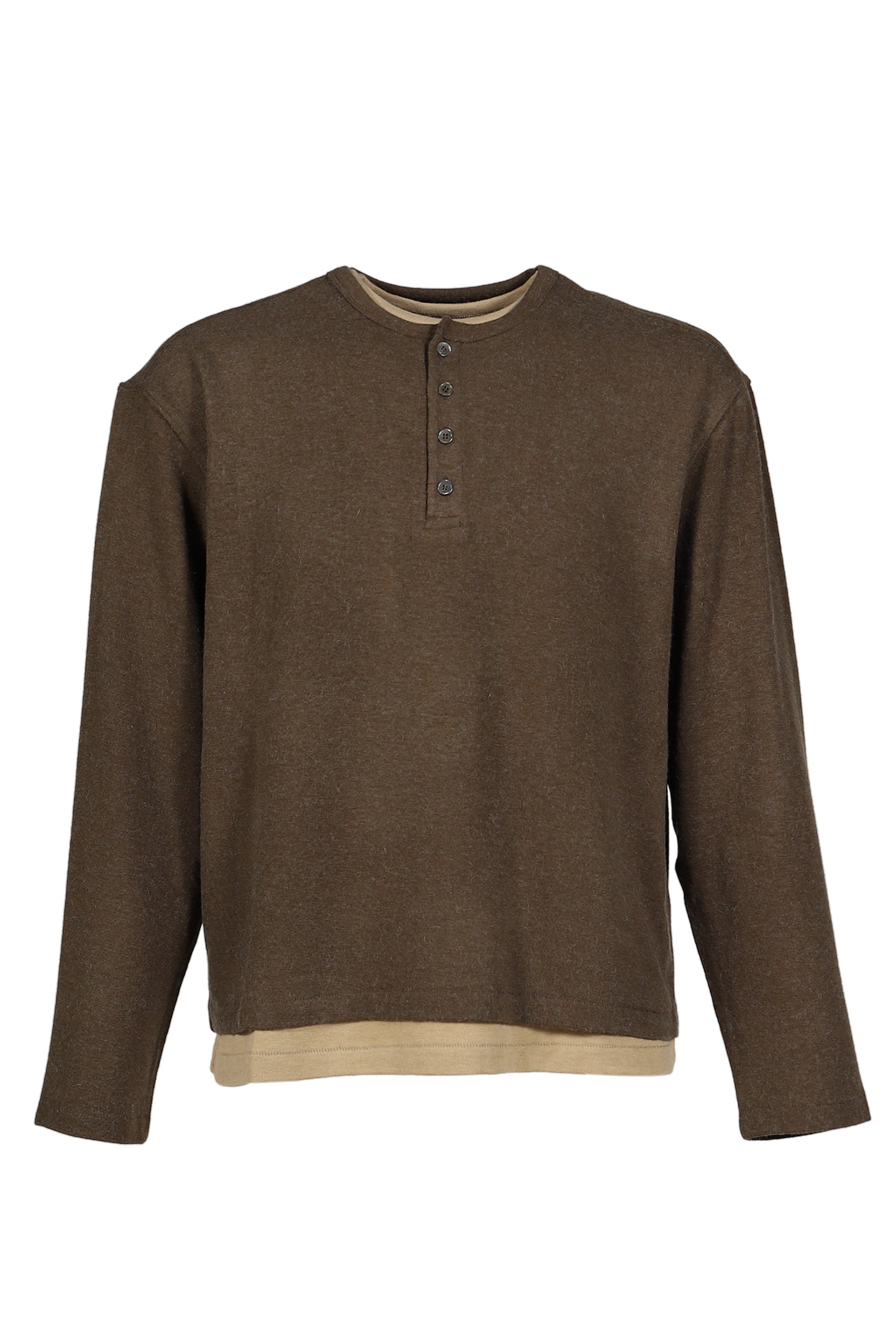 HAIRY HENLEY NECK LAYERED T-SHIRT / KHA GRN