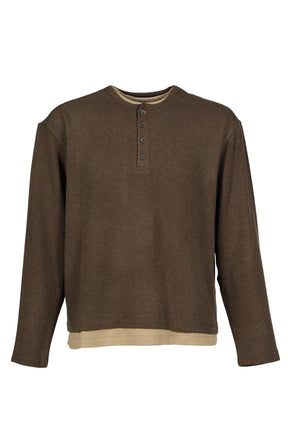 HAIRY HENLEY NECK LAYERED T-SHIRT / KHA GRN