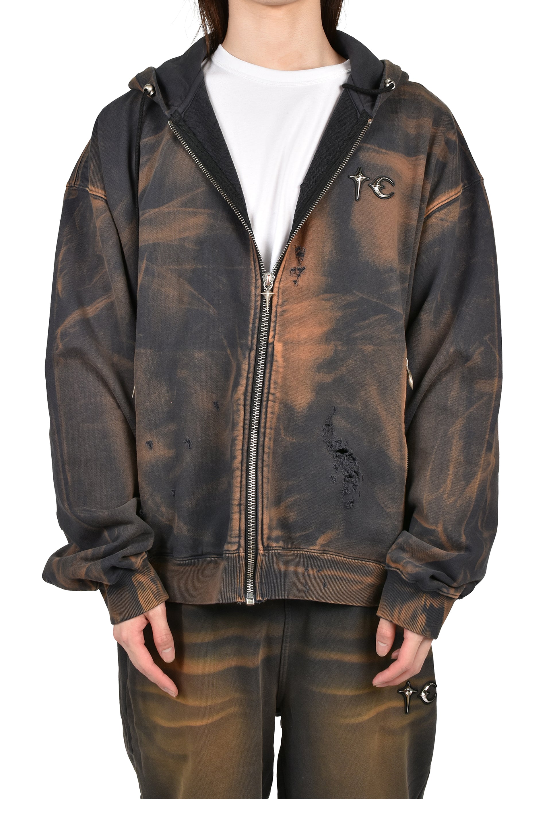 TC TWO TONE WASHED ZIP-UP HOODIE / RUST BLK