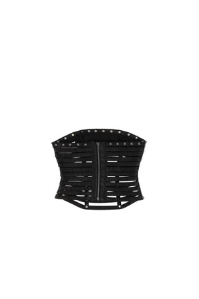 FAUX PU SLASHED CORSET TOP / BLK DENIM