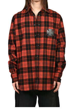 LEATHER CROSS FLANNEL SHIRT / BLK RED CHECK