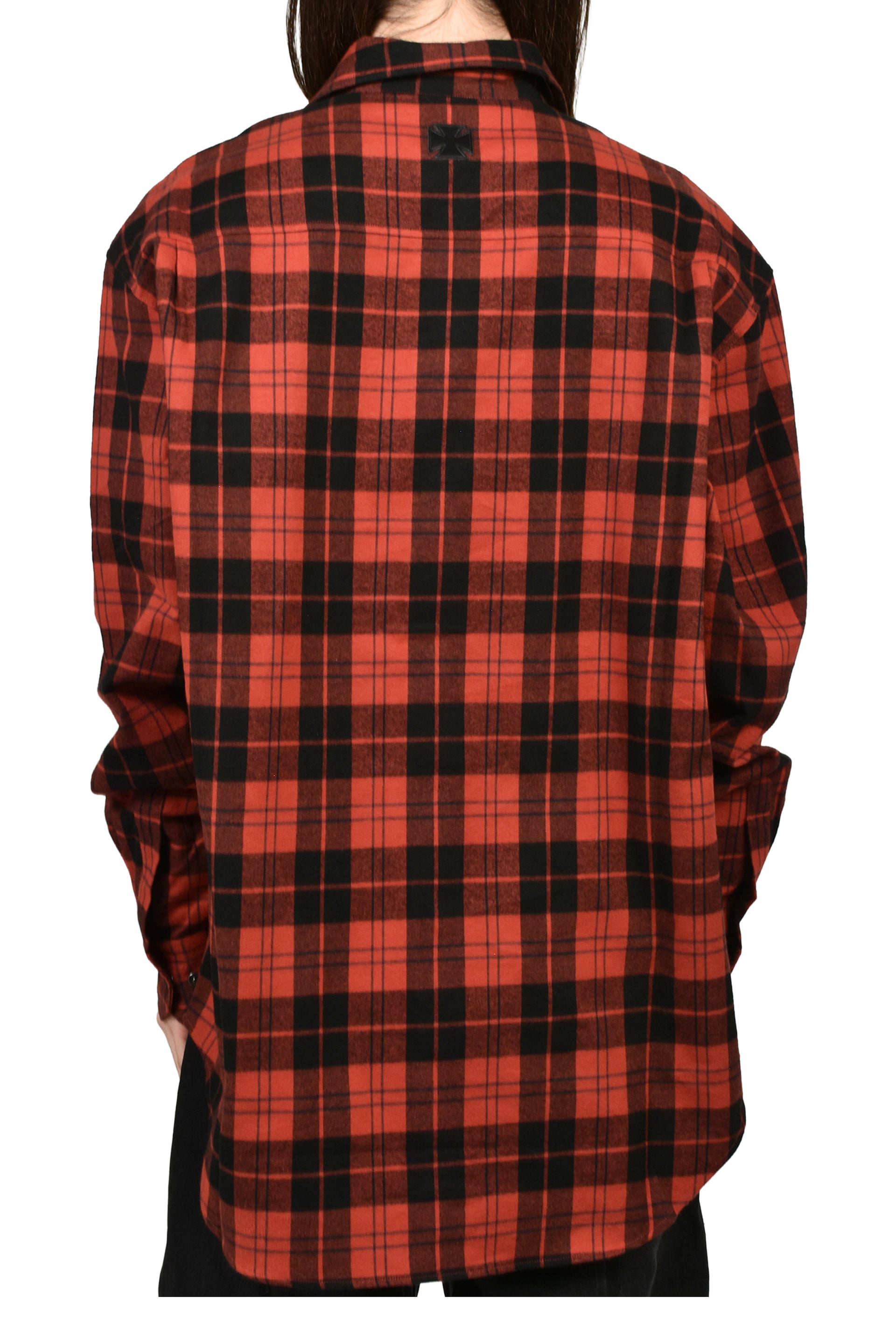 LEATHER CROSS FLANNEL SHIRT / BLK RED CHECK