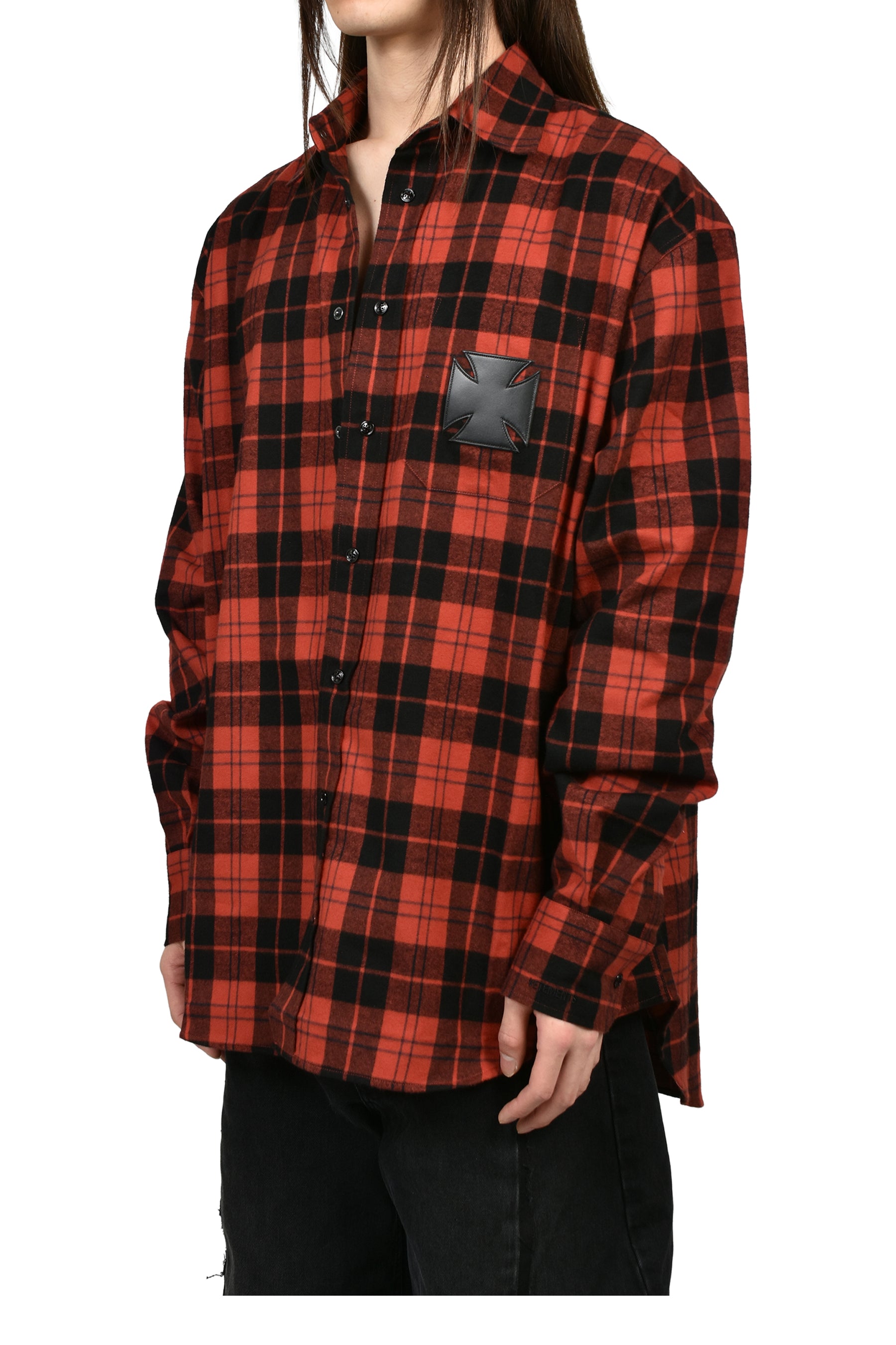 LEATHER CROSS FLANNEL SHIRT / BLK RED CHECK