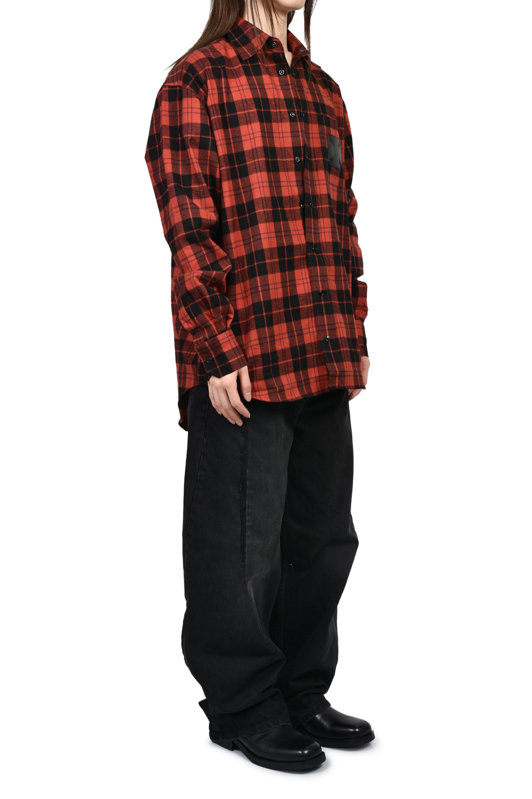 LEATHER CROSS FLANNEL SHIRT / BLK RED CHECK