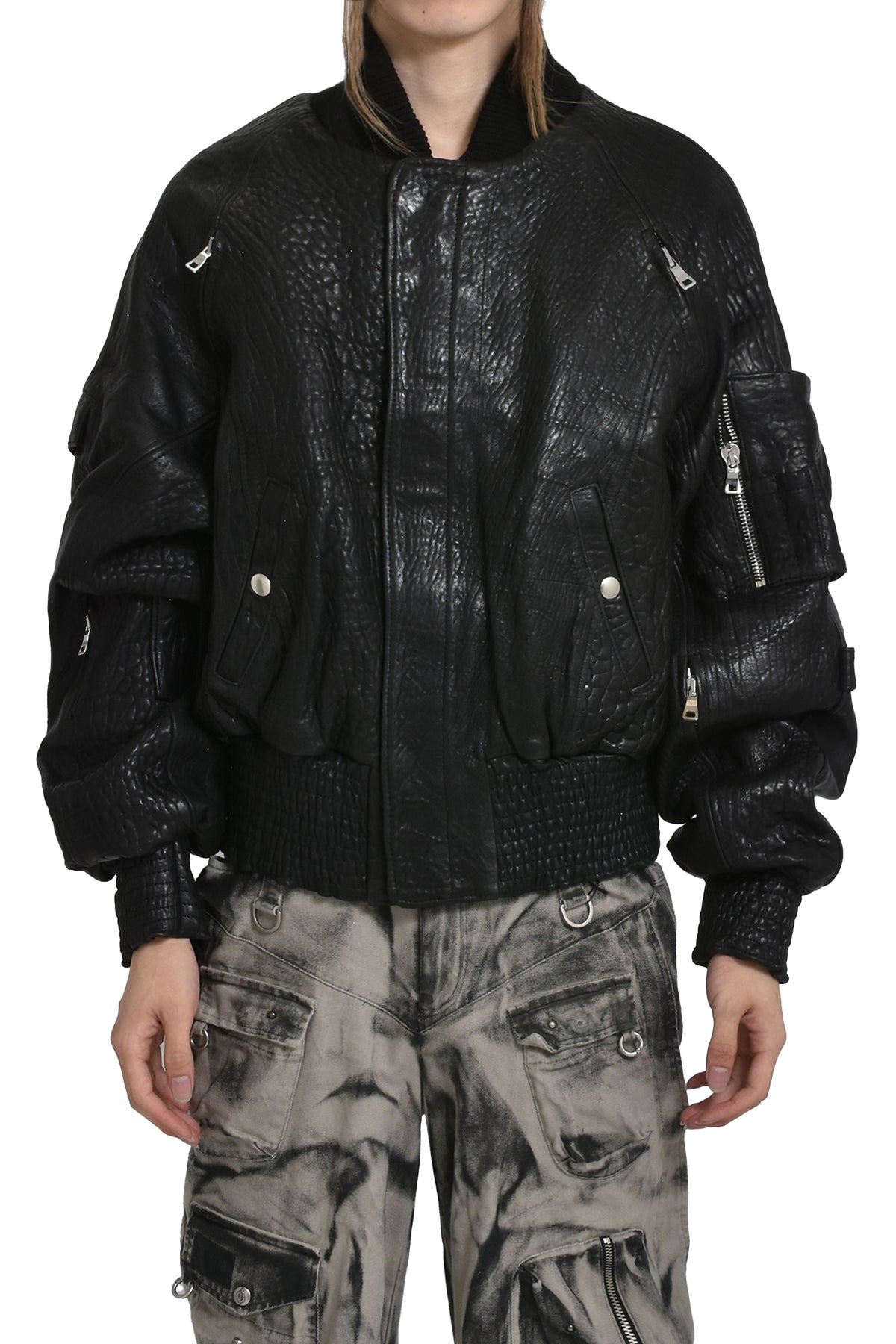 LEATHER BOMBER JACKET ZIPPER / BLK