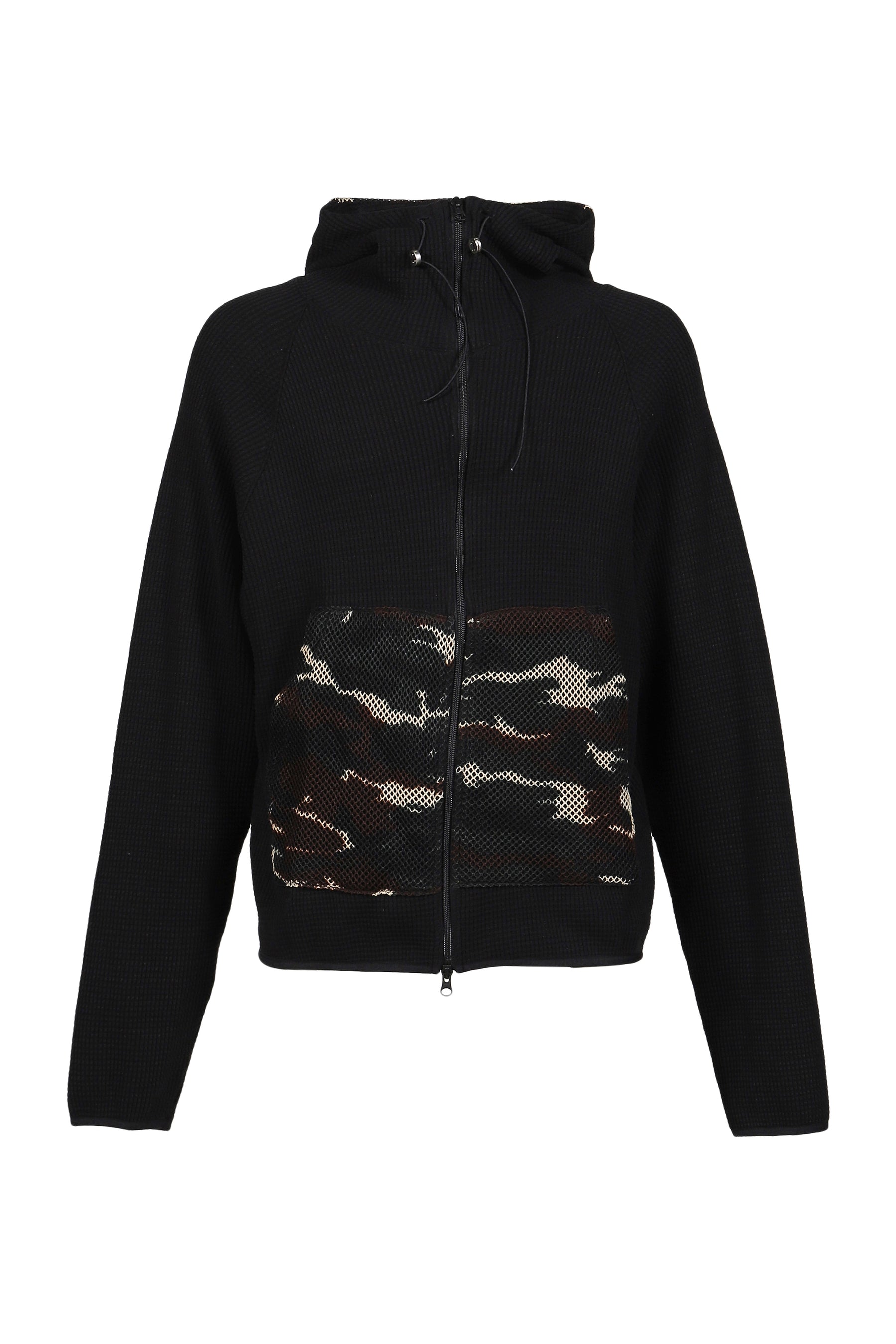 WAFFLE KNIT LINER ZIP HOODIE / BLK