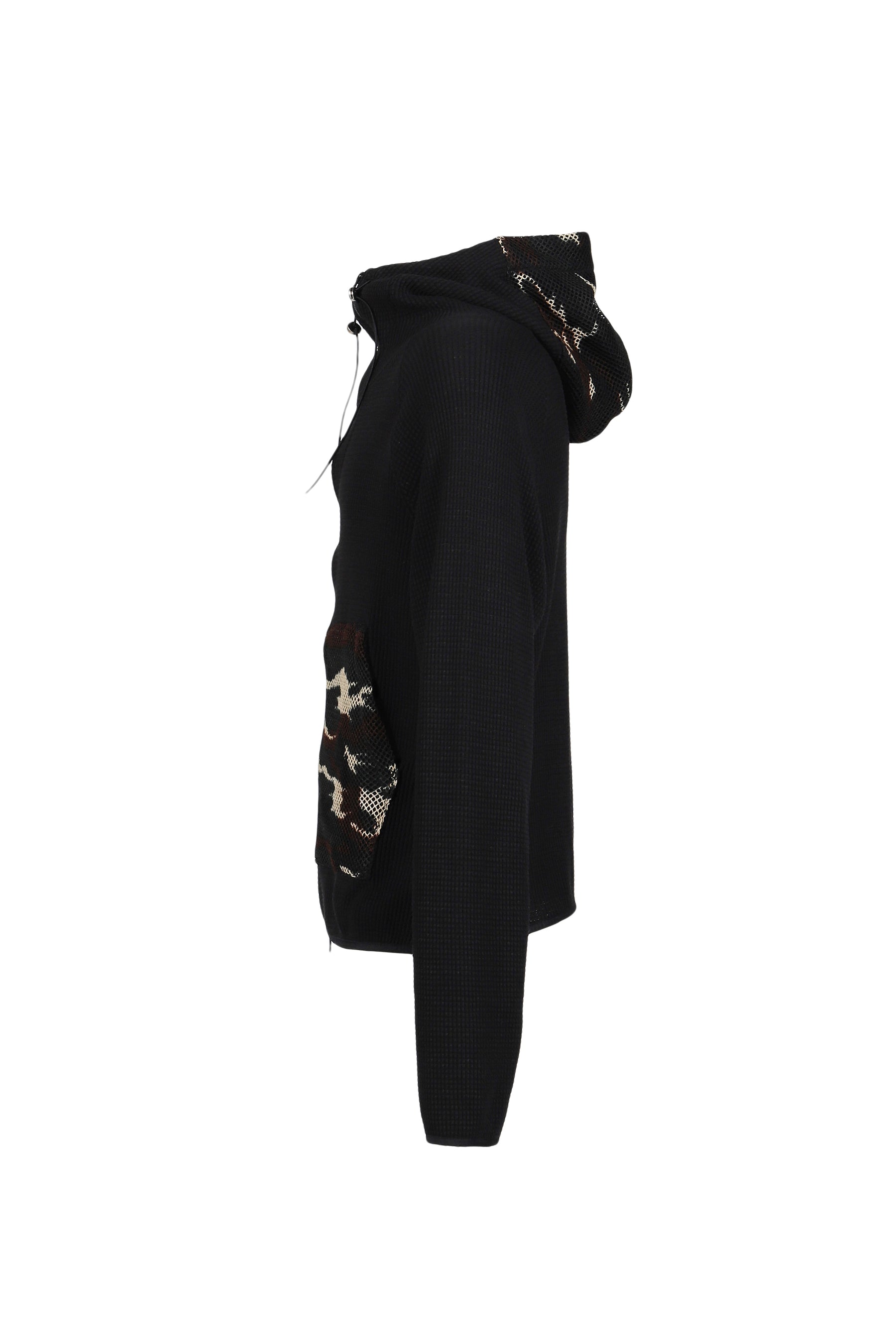 WAFFLE KNIT LINER ZIP HOODIE / BLK