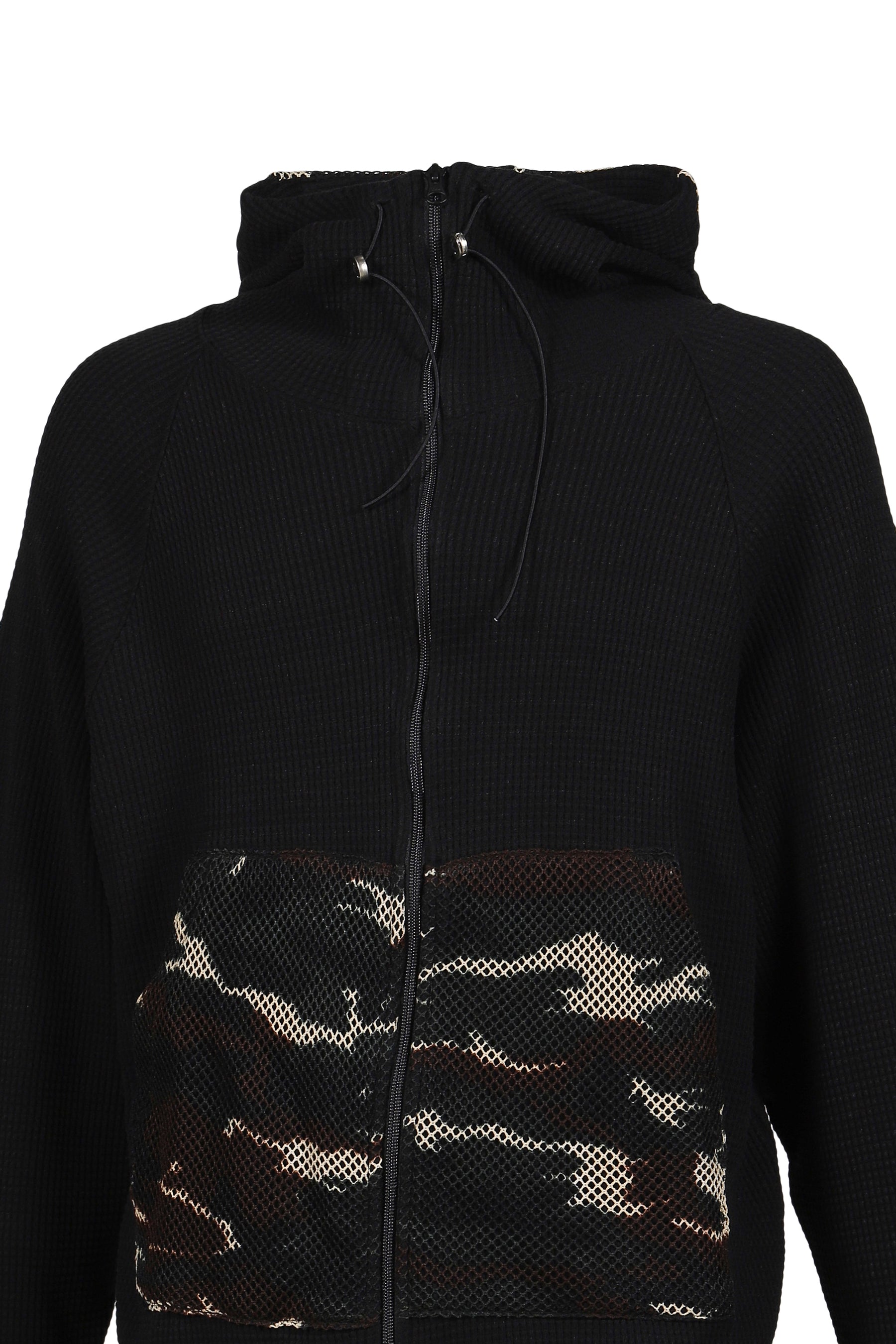WAFFLE KNIT LINER ZIP HOODIE / BLK