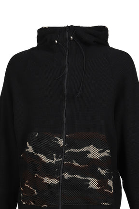 WAFFLE KNIT LINER ZIP HOODIE / BLK