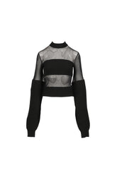LAMBSWOOL RIBBED LONG SLEEVES SWEATER WITH MESH CUT OUT DETAILS / BLK