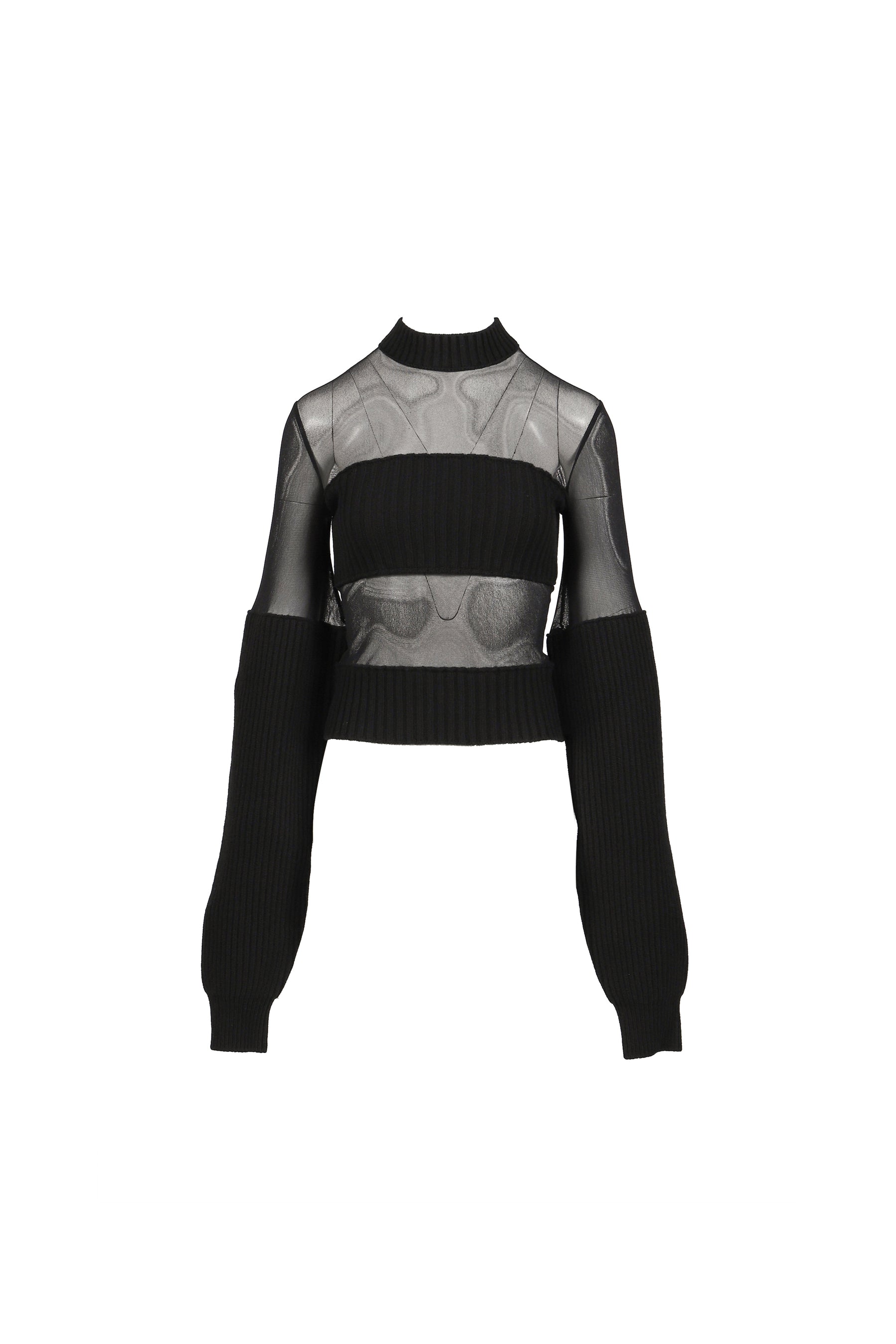 LAMBSWOOL RIBBED LONG SLEEVES SWEATER WITH MESH CUT OUT DETAILS / BLK