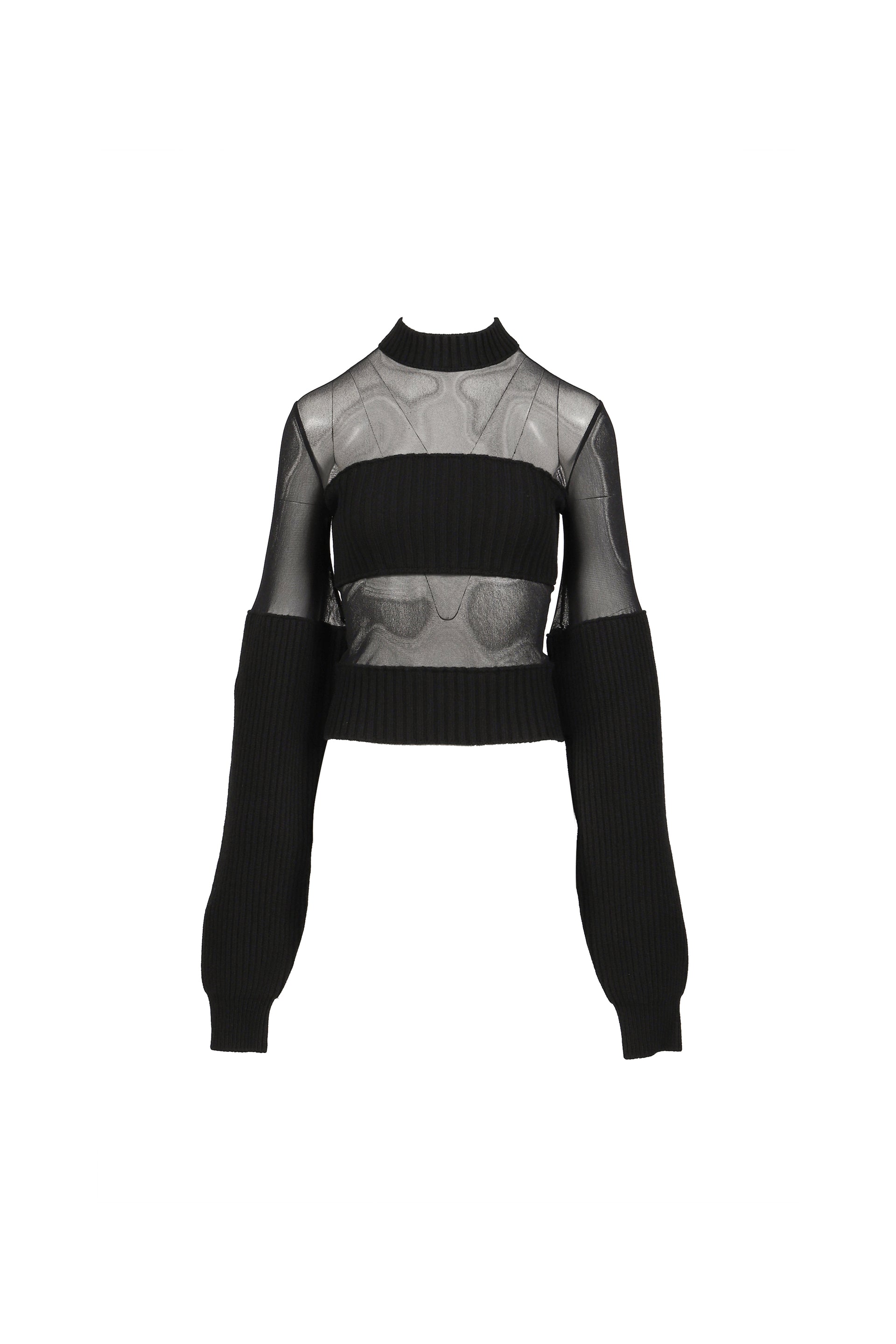 LAMBSWOOL RIBBED LONG SLEEVES SWEATER WITH MESH CUT OUT DETAILS / BLK