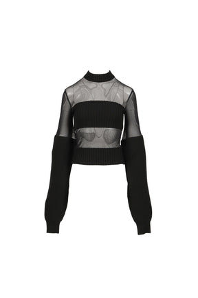 LAMBSWOOL RIBBED LONG SLEEVES SWEATER WITH MESH CUT OUT DETAILS / BLK