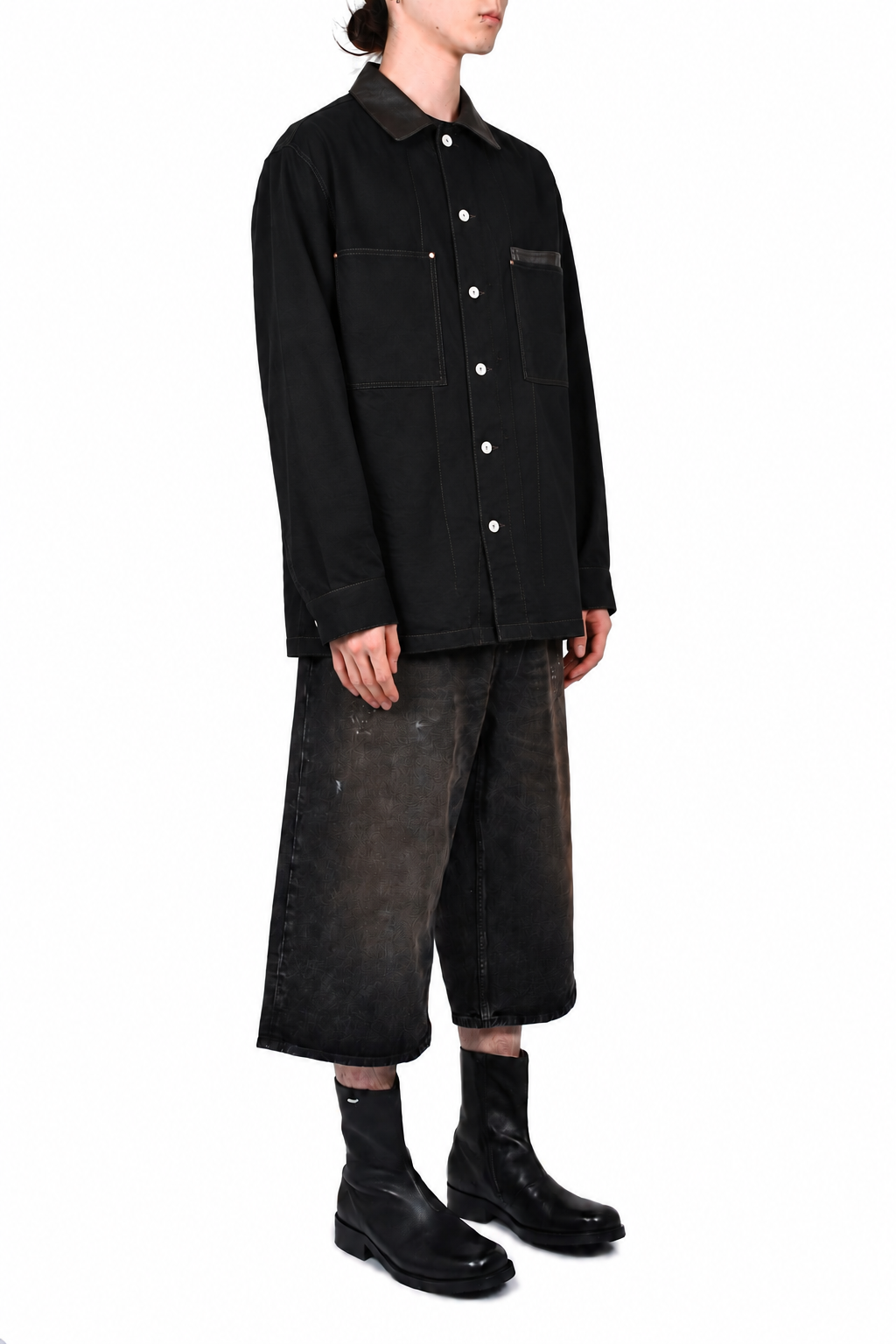 WORKWEAR OVERSHIRT WITH LEATHER COLLAR / BLK