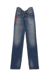 STRAIGHT DENIM PANT WITH WAVY WAISTBAND AND JPG PRINT DETAILS / BLU
