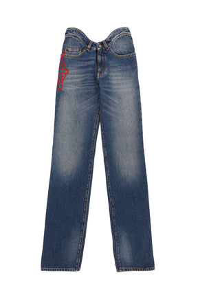 STRAIGHT DENIM PANT WITH WAVY WAISTBAND AND JPG PRINT DETAILS / BLU