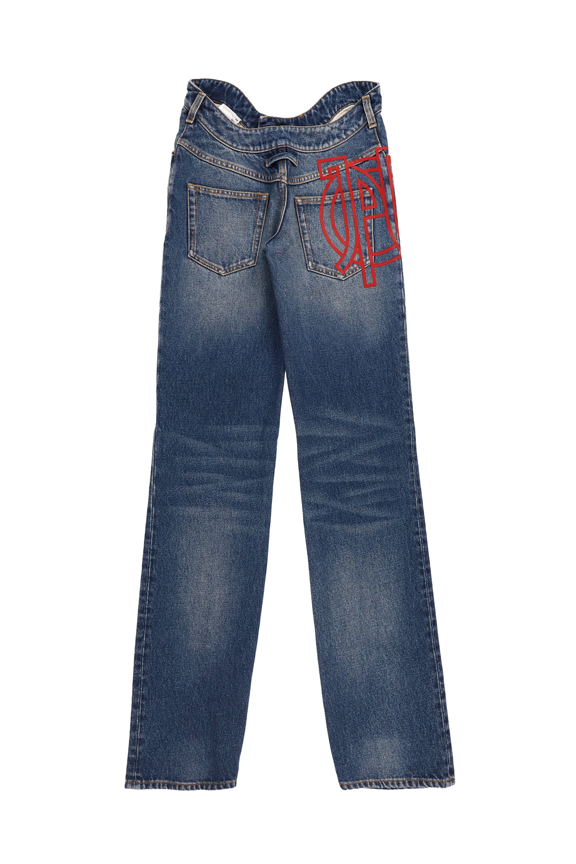 STRAIGHT DENIM PANT WITH WAVY WAISTBAND AND JPG PRINT DETAILS / BLU