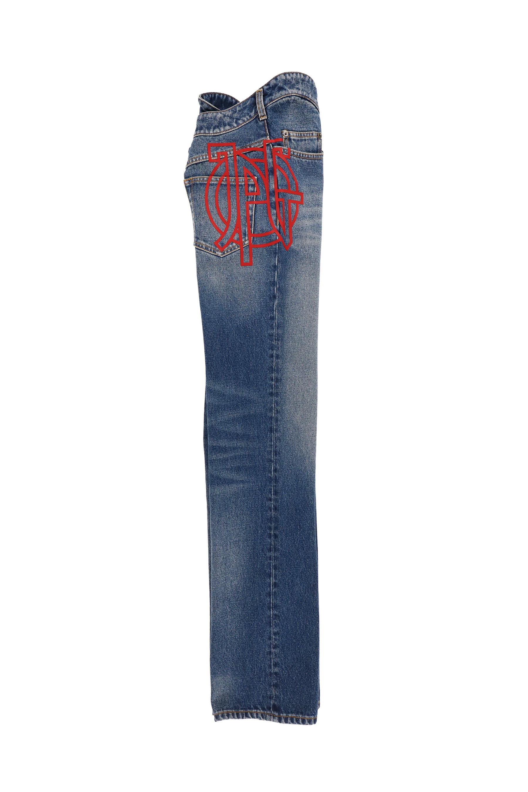 STRAIGHT DENIM PANT WITH WAVY WAISTBAND AND JPG PRINT DETAILS / BLU
