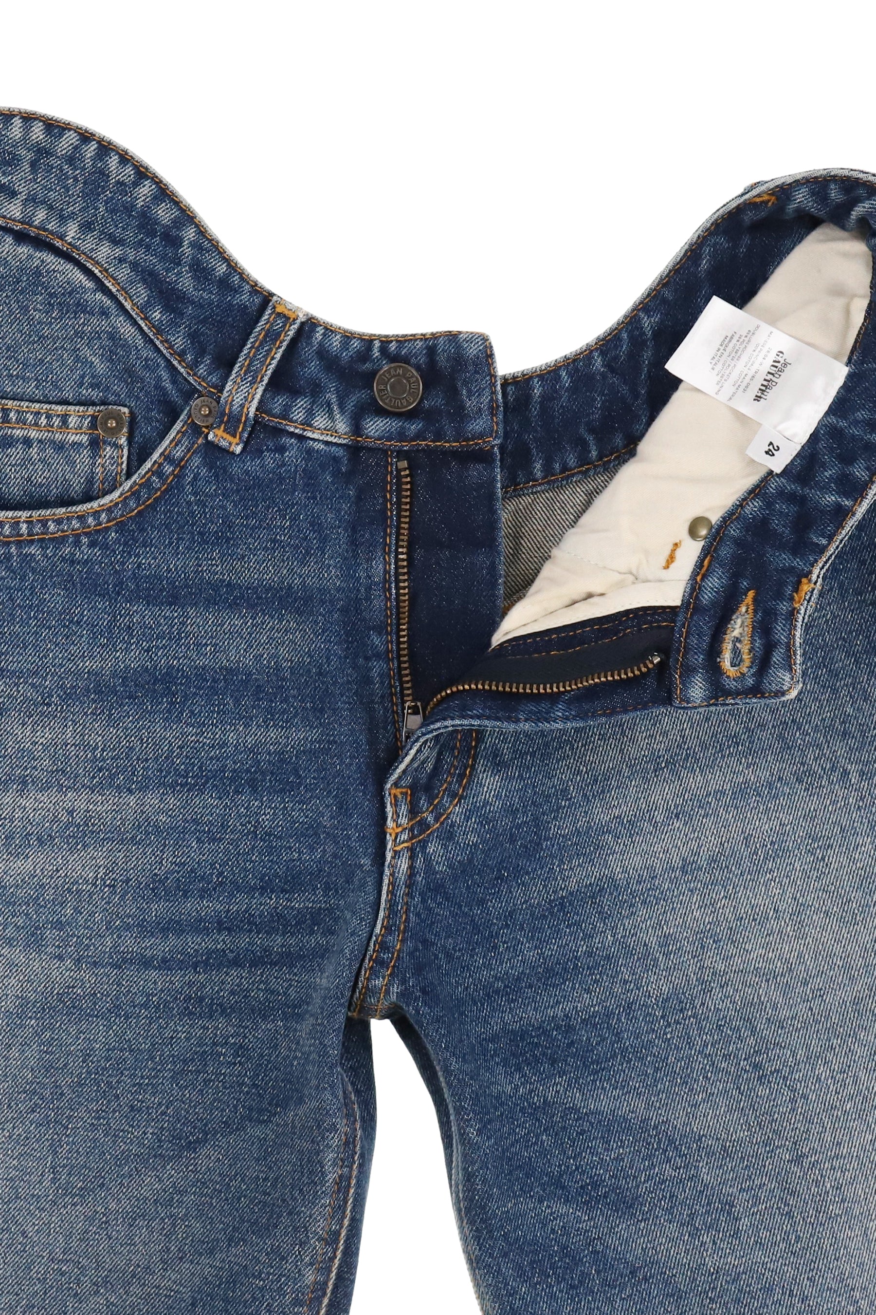 STRAIGHT DENIM PANT WITH WAVY WAISTBAND AND JPG PRINT DETAILS / BLU