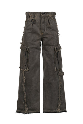 CUT OFF SLASH SEAM TWIST CARGO JEANS / DUST GRY