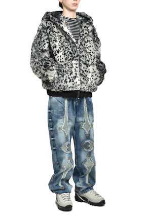 LEOPARD FUR JACKET / WHT/BLK