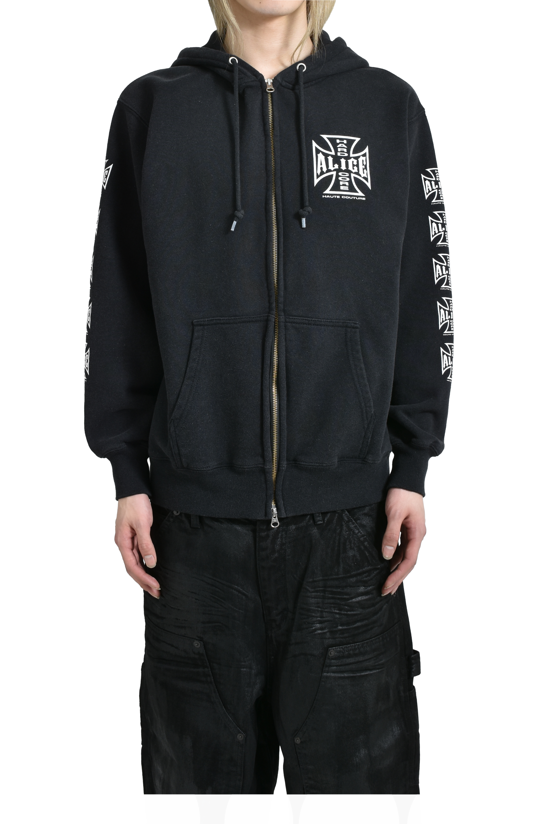 ALICE HOLLYWOOD DESTROYED CHOPPER FULL ZIP HOODIE / BLK WHT