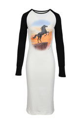 RETRO PRINT RAGLAN SLEEVE MIDI DRESS / BLK
