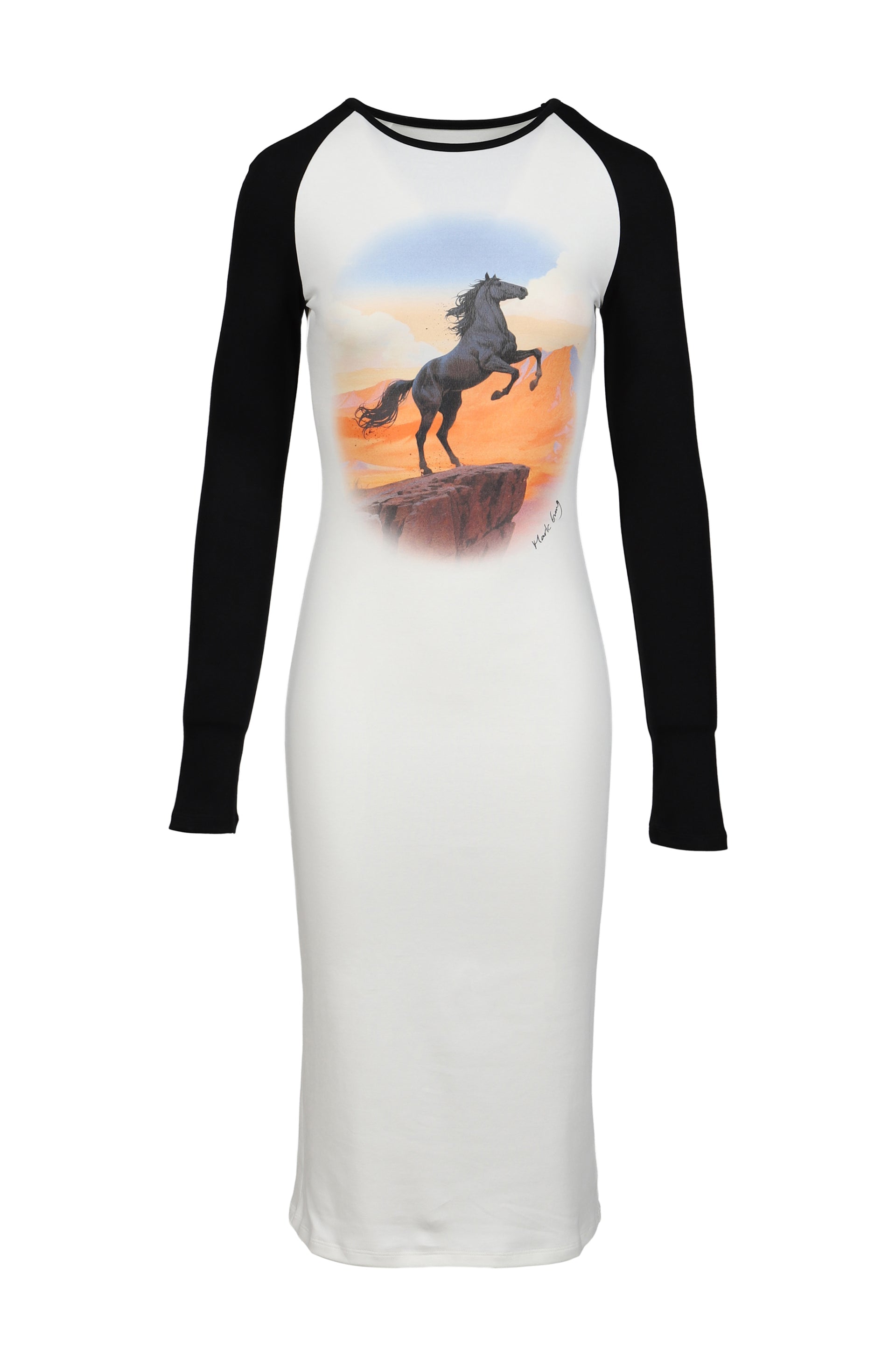 RETRO PRINT RAGLAN SLEEVE MIDI DRESS / BLK