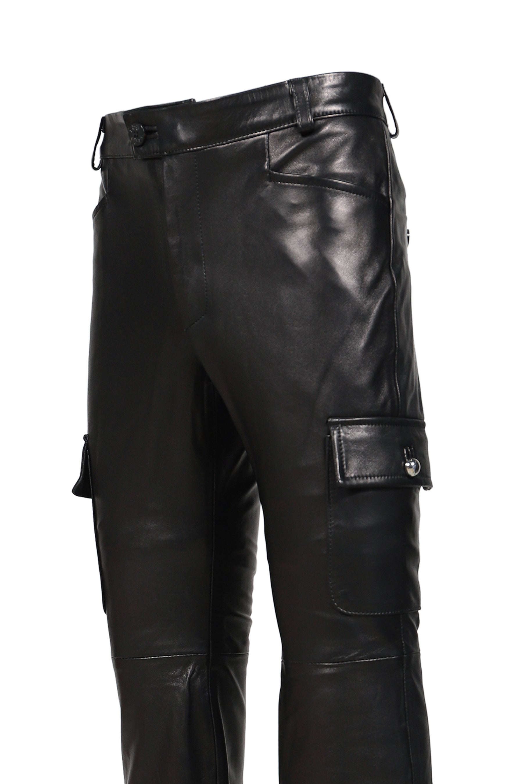 CARGO LEATHER FLARE TROUSERS / BLK LEATHER