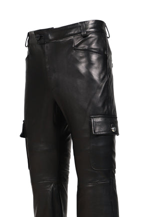 CARGO LEATHER FLARE TROUSERS / BLK LEATHER