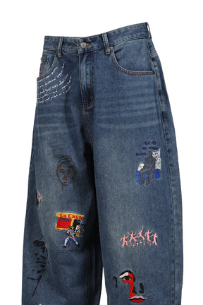 EMBROIDERED PAINTINGS BALLOON PANTS / BLU