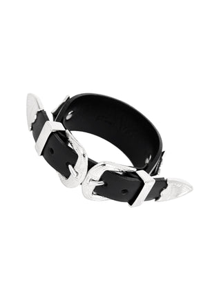 DOUBLE BUCKLE LEATHER BANGLE / BLK